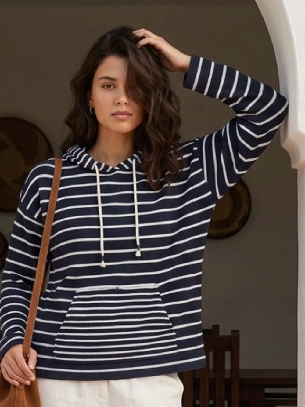 Striped Navy and White Hooded  100% cotton Knit Pullover .